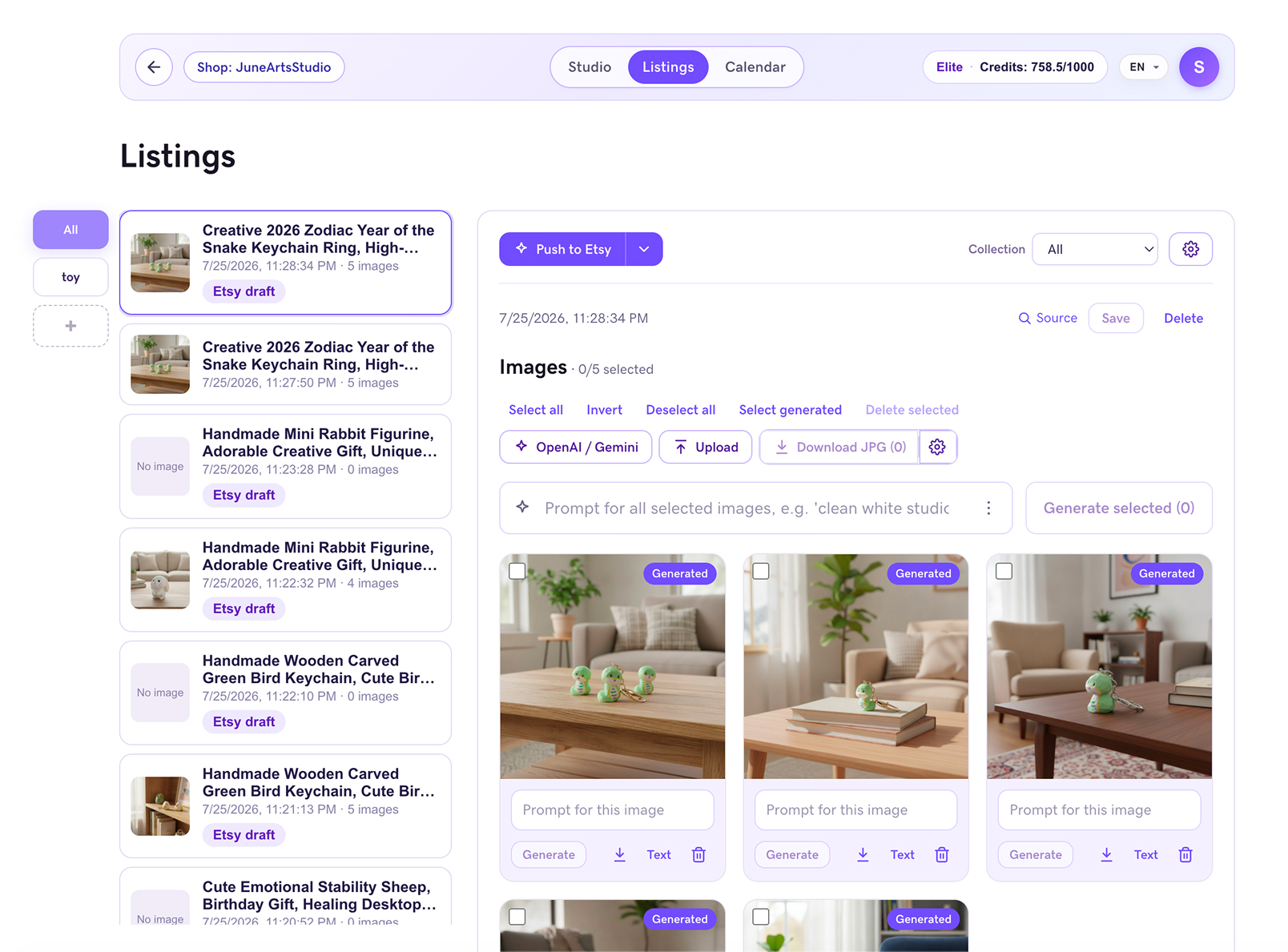 Current purple Studio interface with Etsy publishing controls
