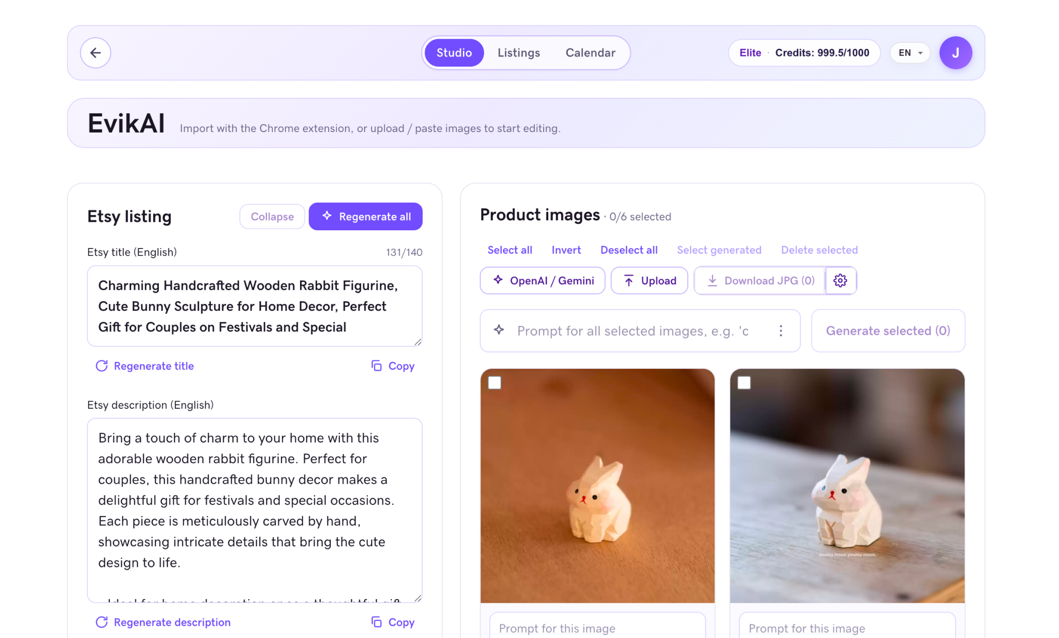 EvikAI Studio with AI-generated Etsy copy and product image tools
